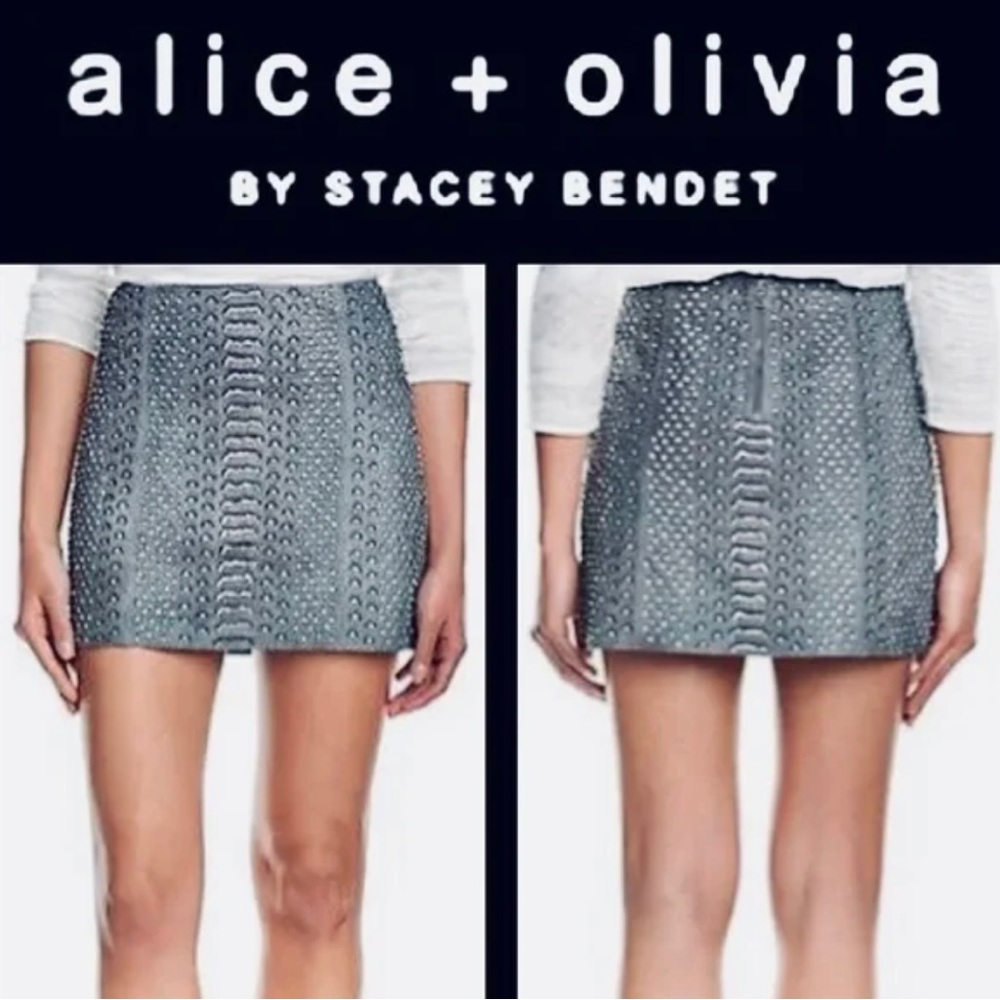 Alice + Olivia Grey Goat Leather Studded skirt in a size 6